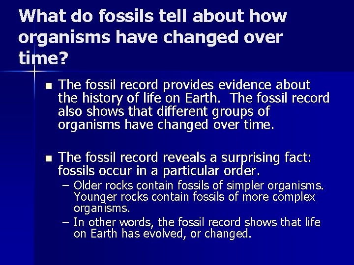 What do fossils tell about how organisms have changed over time? n The fossil