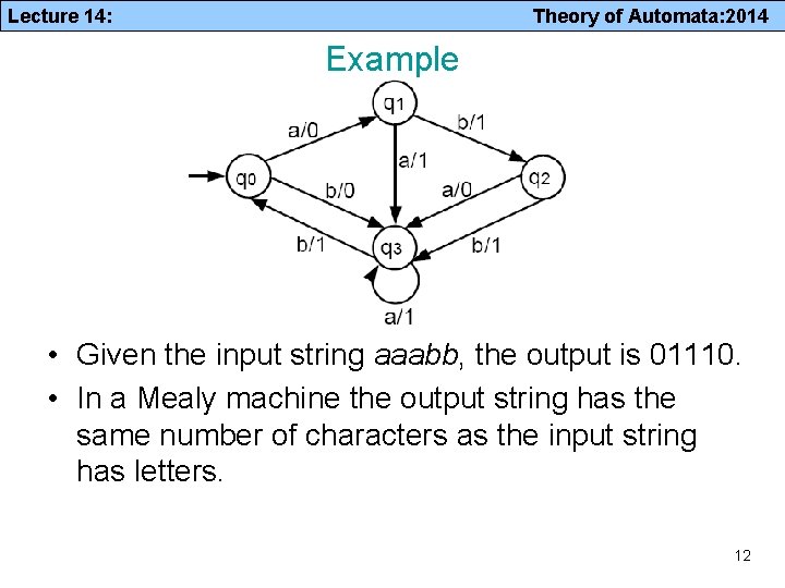 Lecture 14: Theory of Automata: 2014 Example • Given the input string aaabb, the