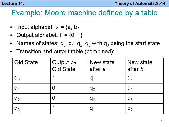 Lecture 14: Theory of Automata: 2014 Example: Moore machine defined by a table •