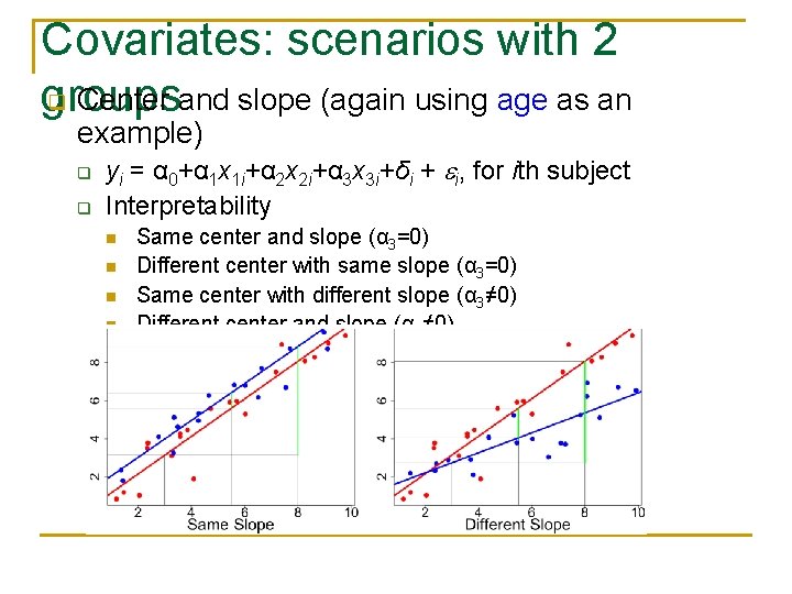 Covariates: scenarios with 2 q Center and slope (again using age as an groups