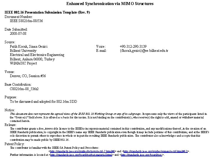 Enhanced Synchronization via MIMO Structures IEEE 802. 16 Presentation Submission Template (Rev. 9) Document