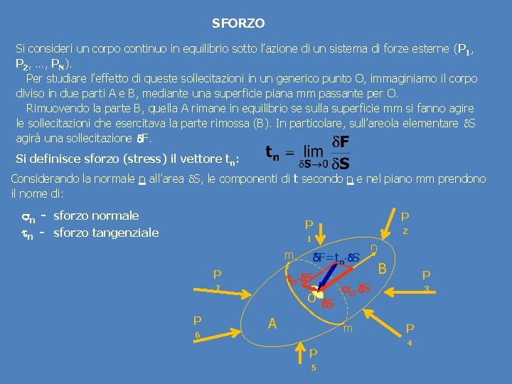 SFORZO Si consideri un corpo continuo in equilibrio sotto l’azione di un sistema di