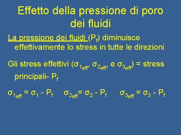 Effetto della pressione di poro dei fluidi La pressione dei fluidi (Pf) diminuisce effettivamente