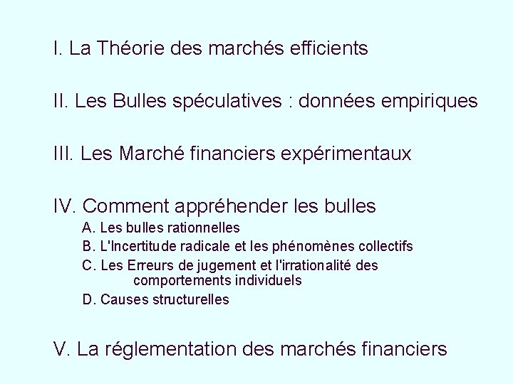 I. La Théorie des marchés efficients II. Les Bulles spéculatives : données empiriques III.