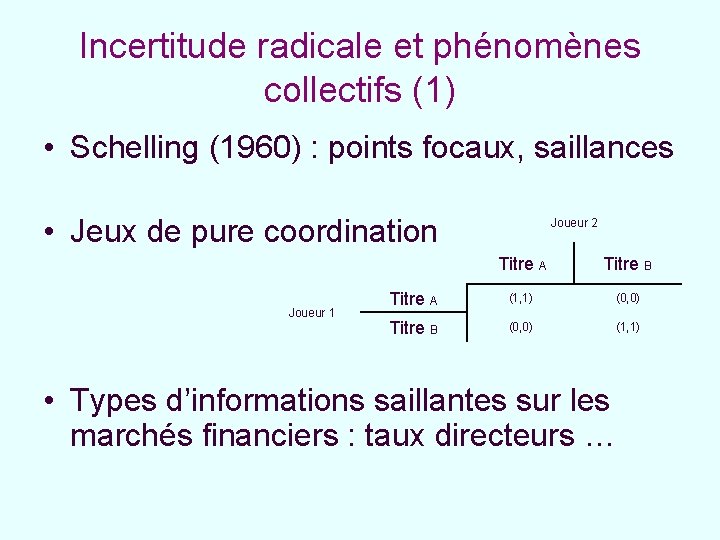 Incertitude radicale et phénomènes collectifs (1) • Schelling (1960) : points focaux, saillances •