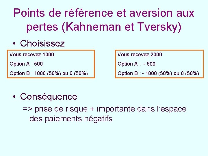 Points de référence et aversion aux pertes (Kahneman et Tversky) • Choisissez Vous recevez