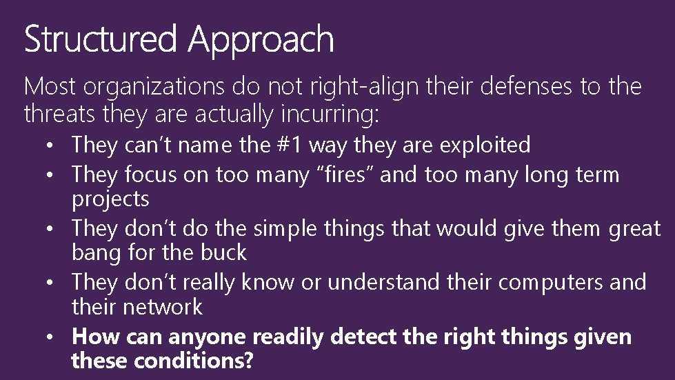 Most organizations do not right-align their defenses to the threats they are actually incurring: