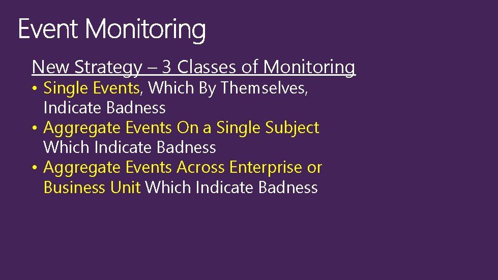 New Strategy – 3 Classes of Monitoring • Single Events, Which By Themselves, Indicate