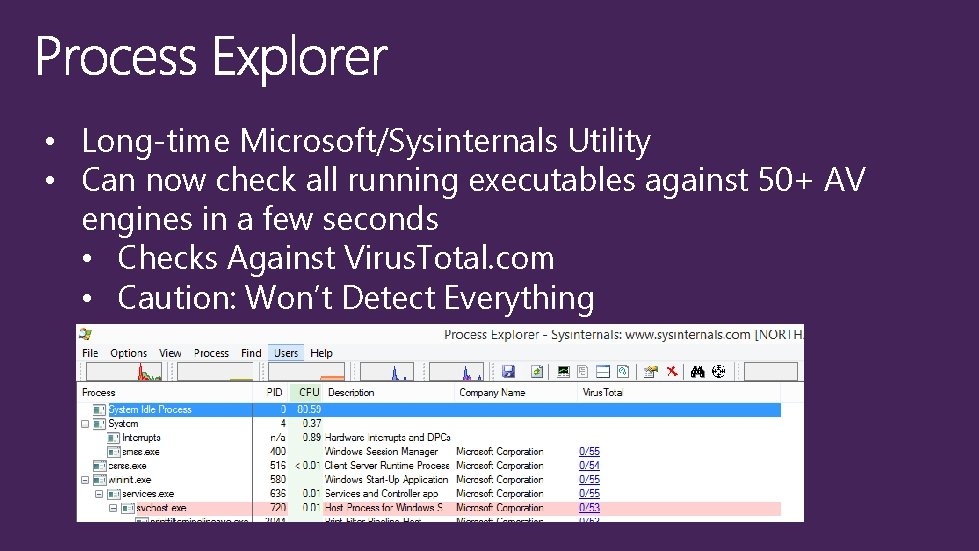  • Long-time Microsoft/Sysinternals Utility • Can now check all running executables against 50+