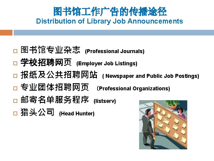 图书馆 作广告的传播途径 Distribution of Library Job Announcements 图书馆专业杂志 (Professional Journals) 学校招聘网页 (Employer Job Listings)