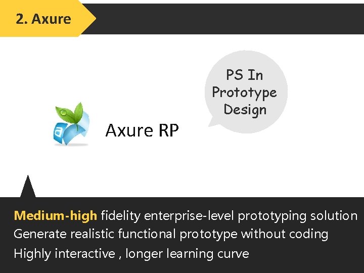 2. Axure RP PS In Prototype Design Medium-high fidelity enterprise-level prototyping solution Generate realistic
