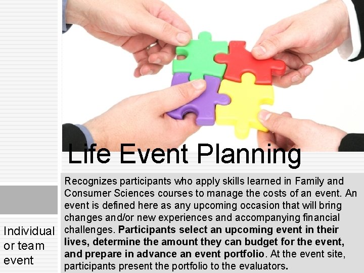 Life Event Planning Individual or team event Recognizes participants who apply skills learned in