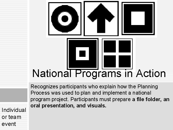 National Programs in Action Individual or team event Recognizes participants who explain how the National Programs in Action Individual or team event Recognizes participants who explain how the