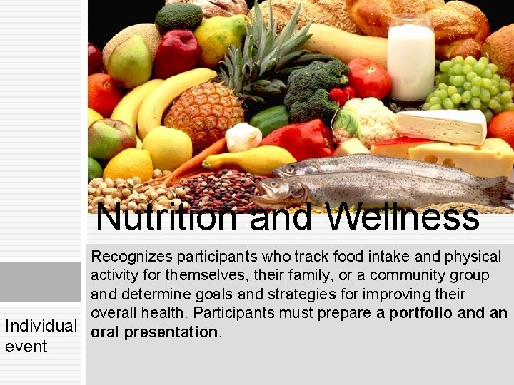 Nutrition and Wellness Recognizes participants who track food intake and physical activity for themselves,