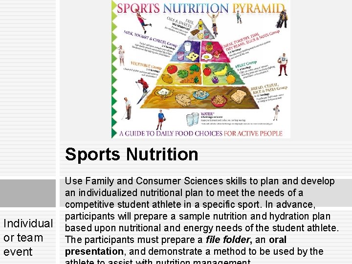 Sports Nutrition Individual or team event Use Family and Consumer Sciences skills to plan