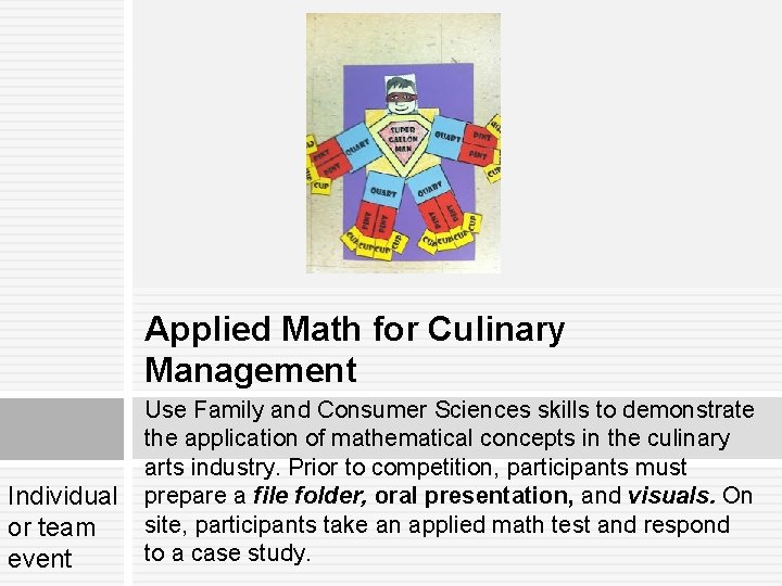 Applied Math for Culinary Management Individual or team event Use Family and Consumer Sciences