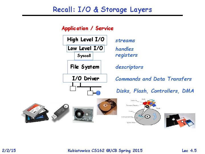 Recall: I/O & Storage Layers Application / Service High Level I/O streams Low Level Recall: I/O & Storage Layers Application / Service High Level I/O streams Low Level