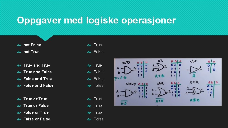 Oppgaver med logiske operasjoner not False True not True False True and True and