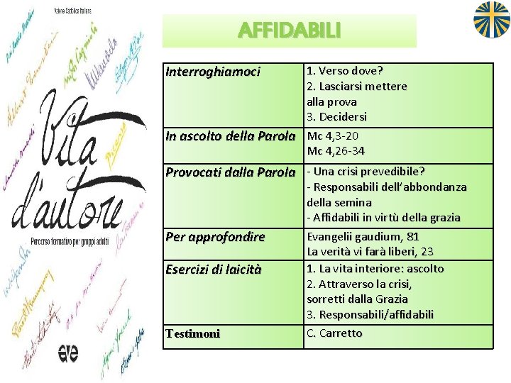 AFFIDABILI Interroghiamoci 1. Verso dove? 2. Lasciarsi mettere alla prova 3. Decidersi In ascolto