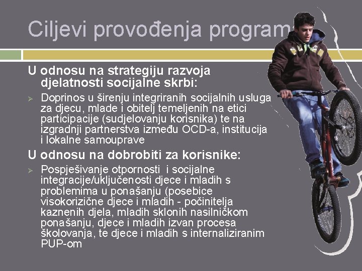 Ciljevi provođenja programa U odnosu na strategiju razvoja djelatnosti socijalne skrbi: Ø Doprinos u