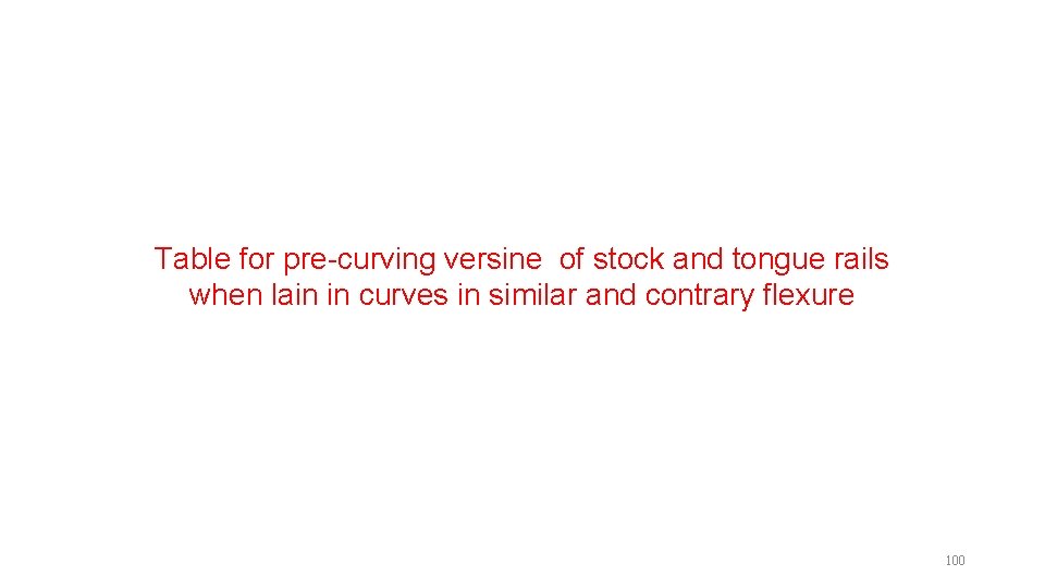 Table for pre-curving versine of stock and tongue rails when lain in curves in