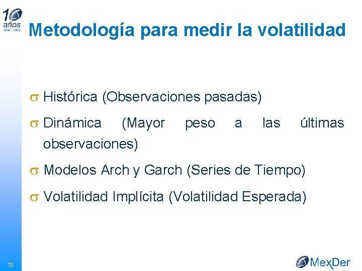 Metodología para medir la volatilidad s Histórica (Observaciones pasadas) s Dinámica (Mayor observaciones) peso