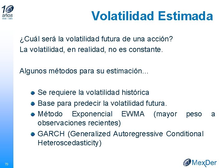 Volatilidad Estimada ¿Cuál será la volatilidad futura de una acción? La volatilidad, en realidad,