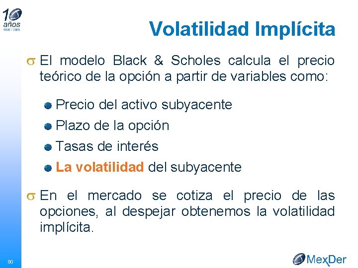 Volatilidad Implícita s El modelo Black & Scholes calcula el precio teórico de la