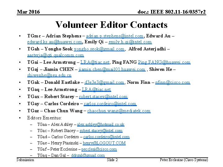 Mar 2016 doc. : IEEE 802. 11 -16/0357 r 2 Volunteer Editor Contacts •