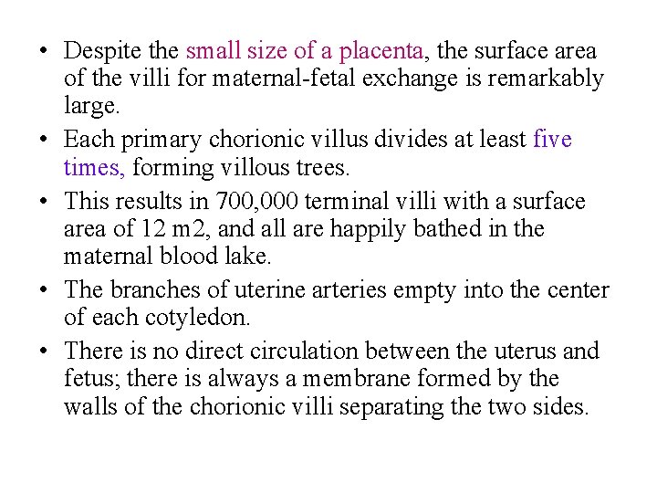  • Despite the small size of a placenta, the surface area of the