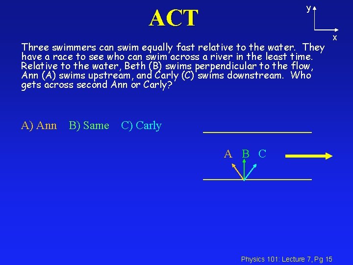 y ACT Three swimmers can swim equally fast relative to the water. They have