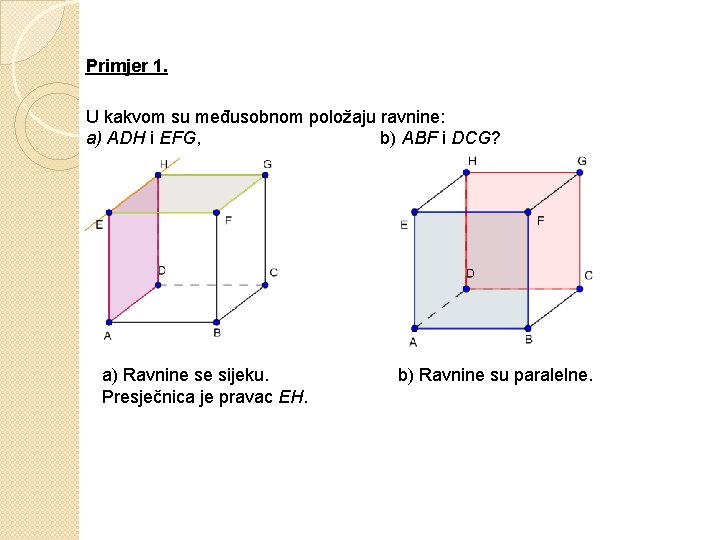 Primjer 1. U kakvom su međusobnom položaju ravnine: a) ADH i EFG, b) ABF