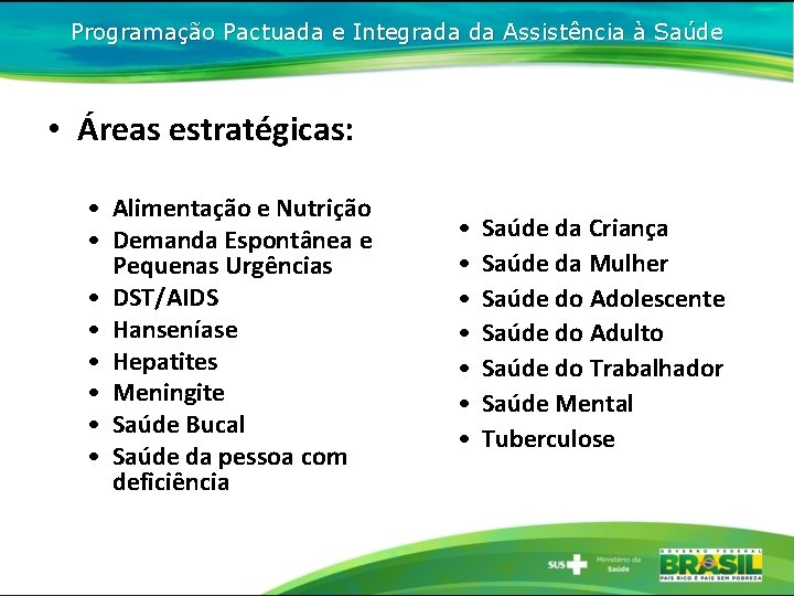 Programação Pactuada e Integrada da Assistência à Saúde • Áreas estratégicas: • Alimentação e