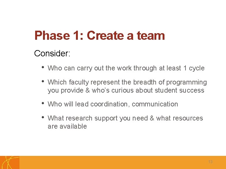 Phase 1: Create a team Consider: C • Who can carry out the work