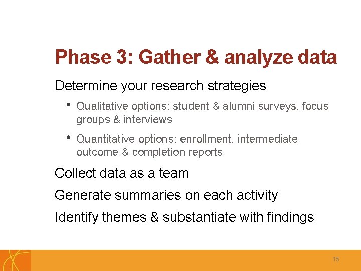 Phase 3: Gather & analyze data Determine your research strategies • Qualitative options: student