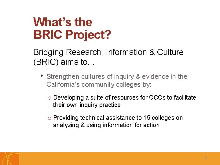 What’s the BRIC Project? Bridging Research, Information & Culture (BRIC) aims to… • C