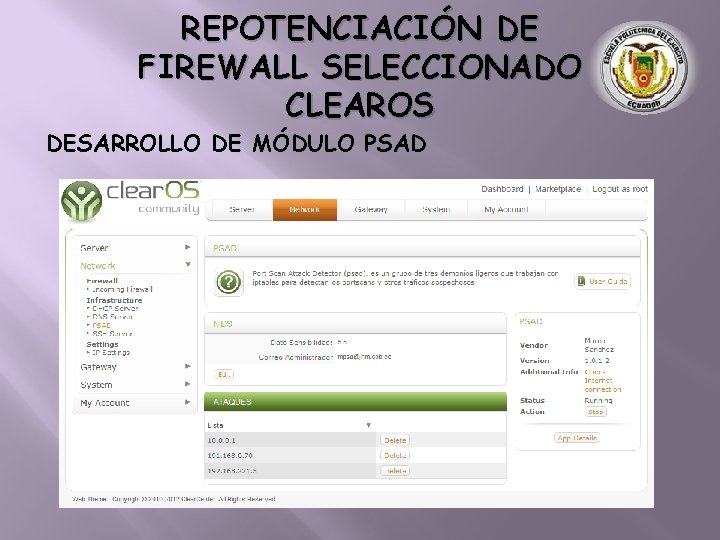 REPOTENCIACIÓN DE FIREWALL SELECCIONADO CLEAROS DESARROLLO DE MÓDULO PSAD 