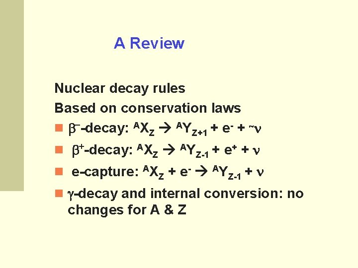 A Review Nuclear decay rules Based on conservation laws -decay: AXZ AYZ+1 + e-