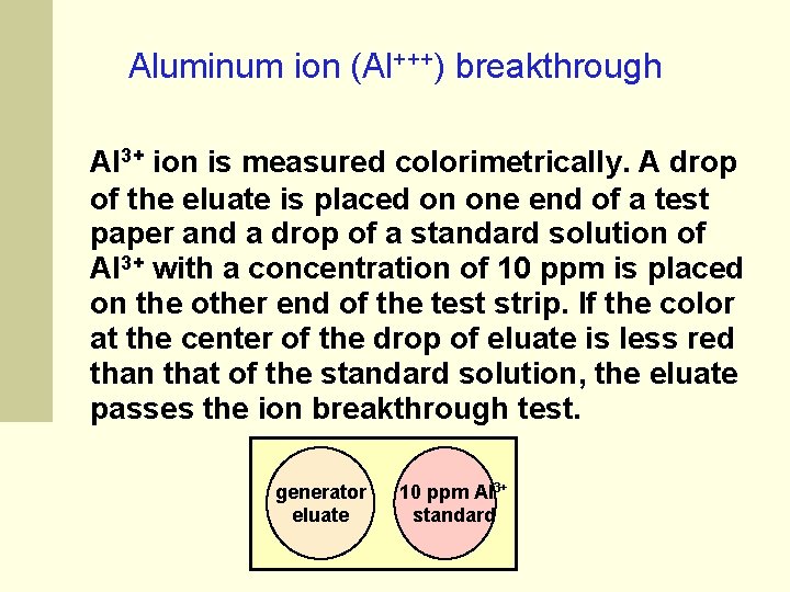 Aluminum ion (Al+++) breakthrough Al 3+ ion is measured colorimetrically. A drop of the