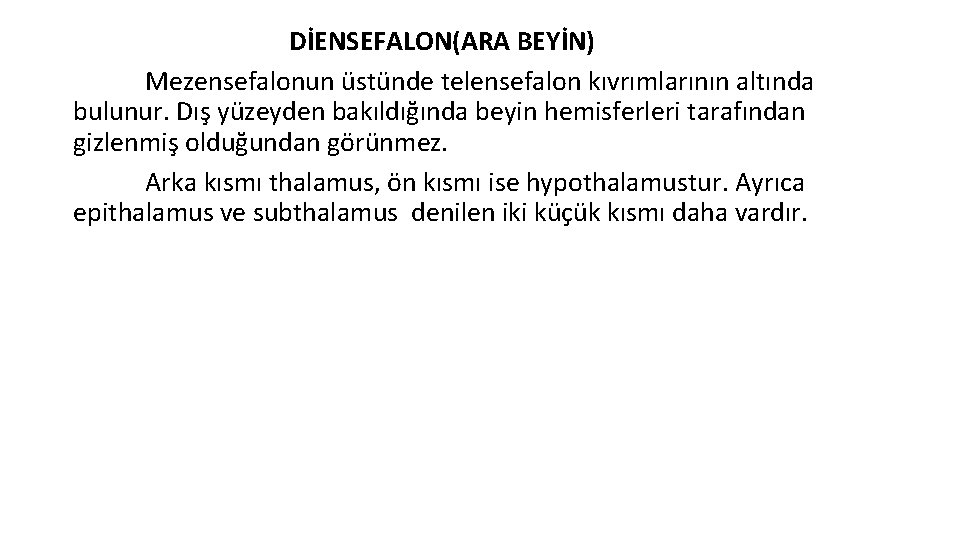 DİENSEFALON(ARA BEYİN) Mezensefalonun üstünde telensefalon kıvrımlarının altında bulunur. Dış yüzeyden bakıldığında beyin hemisferleri tarafından
