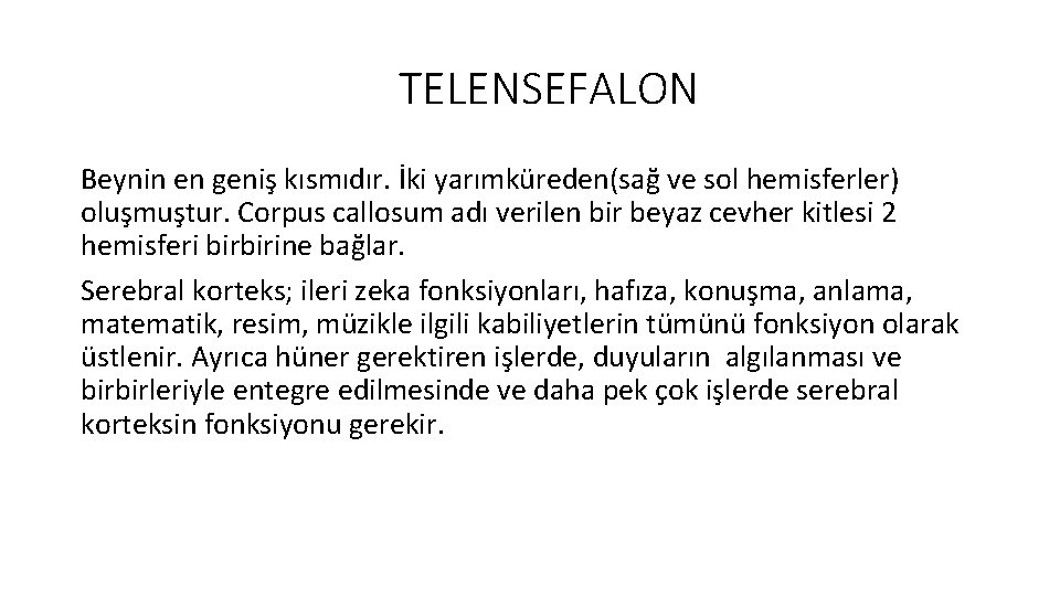 TELENSEFALON Beynin en geniş kısmıdır. İki yarımküreden(sağ ve sol hemisferler) oluşmuştur. Corpus callosum adı