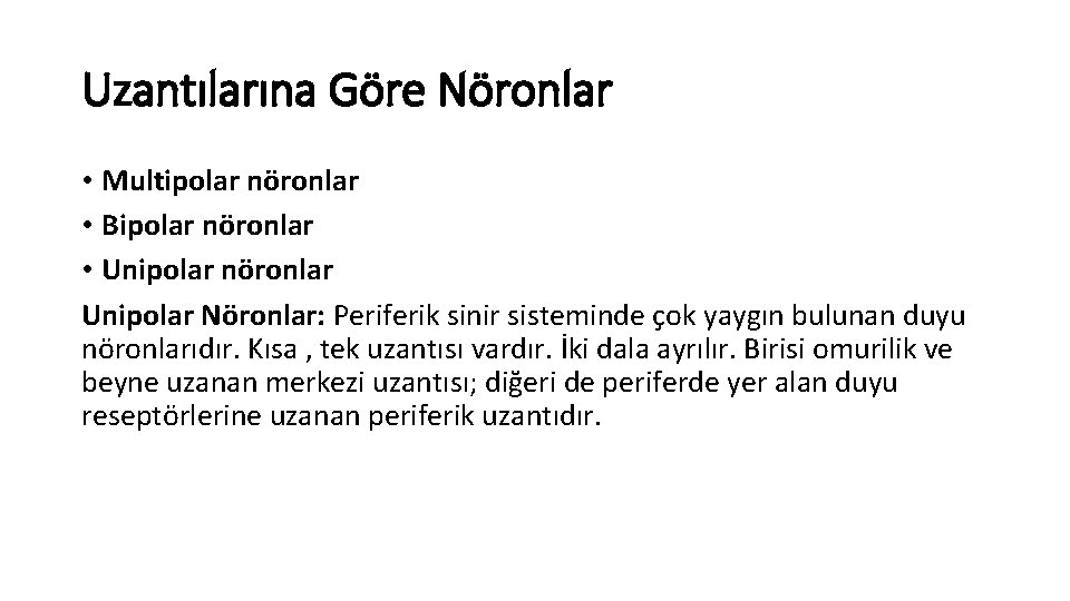 Uzantılarına Göre Nöronlar • Multipolar nöronlar • Bipolar nöronlar • Unipolar nöronlar Unipolar Nöronlar: