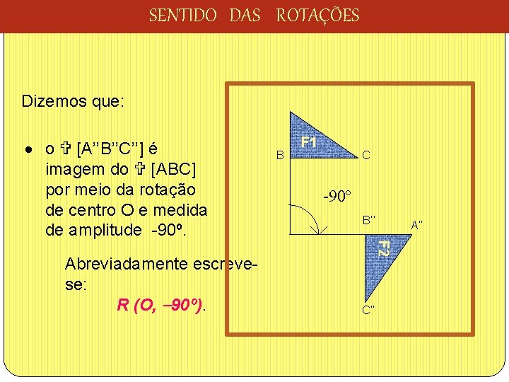 SENTIDO DAS ROTAÇÕES Dizemos que: o [A’’B’’C’’] é imagem do [ABC] por meio da