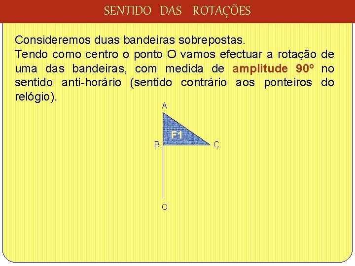SENTIDO DAS ROTAÇÕES Consideremos duas bandeiras sobrepostas. Tendo como centro o ponto O vamos
