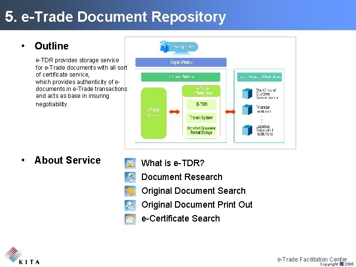 5. e-Trade Document Repository • Outline e-TDR provides storage service for e-Trade documents with