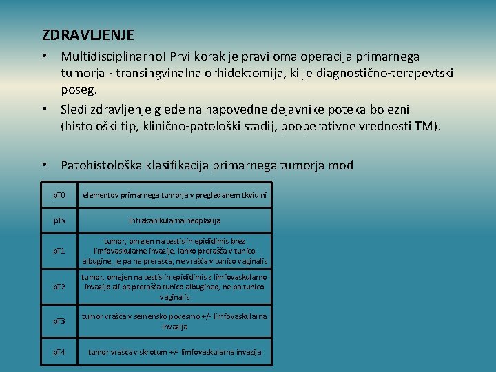 ZDRAVLJENJE • Multidisciplinarno! Prvi korak je praviloma operacija primarnega tumorja - transingvinalna orhidektomija, ki