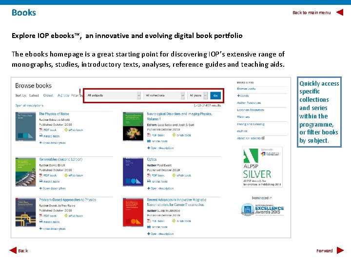 Books Back to main menu Explore IOP ebooks™, an innovative and evolving digital book