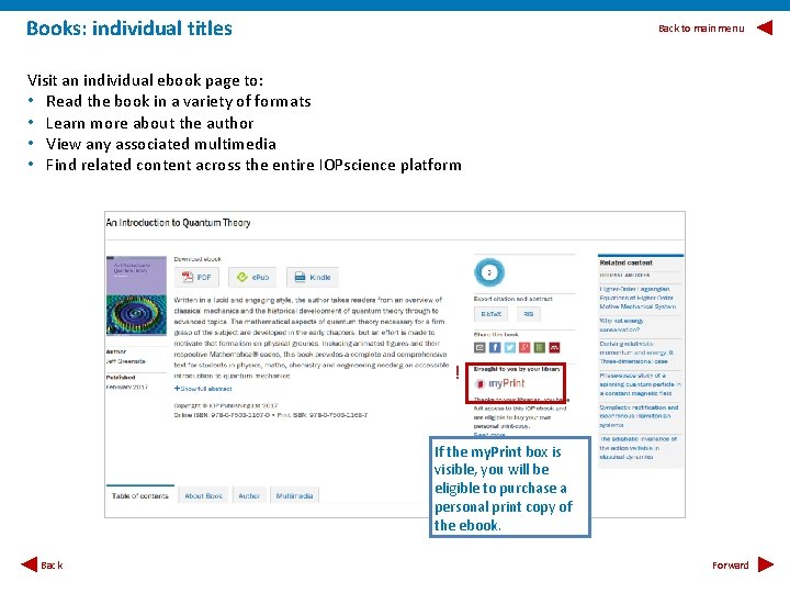 Books: individual titles Back to main menu Visit an individual ebook page to: •