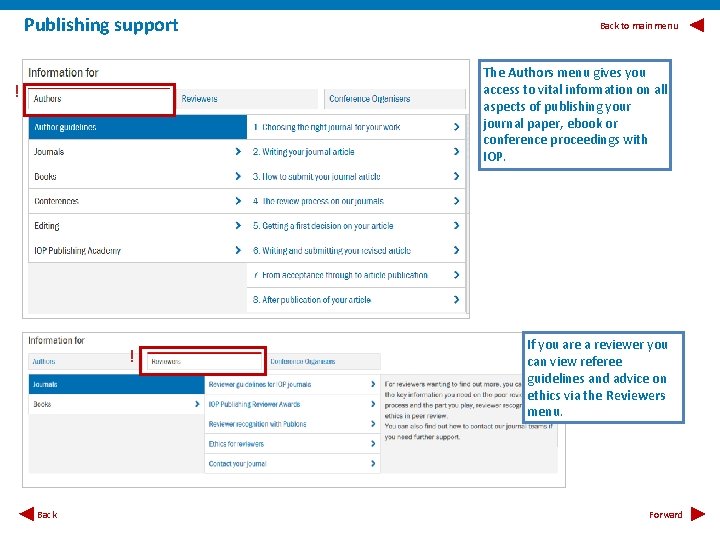 Publishing support Back to main menu The Authors menu gives you access to vital