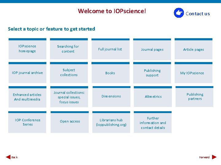 Welcome to IOPscience! Contact us Select a topic or feature to get started IOPscience